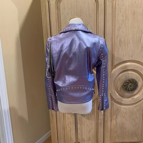JOCELYN women's leather moto jacket metallic Lilac with chain Size XS NWT $650 - Picture 2 of 5